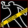 Chalk outline black background with yellow crime scene tape on top